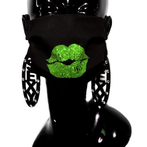 Sexy Lime Green Lips Handmade Cotton Face Mask. - Picture 3 of 6